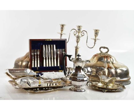 Two 19th century Sheffield plate meat domes of oval form, length of largest approx 38cm, and an assortment of silver plate in