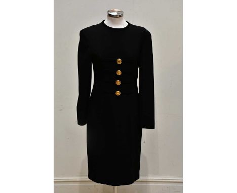 JENNY, ITALY; a 100% wool short black dress, fully lined with long sleeves, with large gold tone button detail to front, unwo