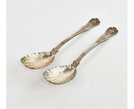 CHARLES ELEY; a pair of George IV hallmarked silver serving spoons, with shell shaped bowls, London 1828, combined approx 8.6