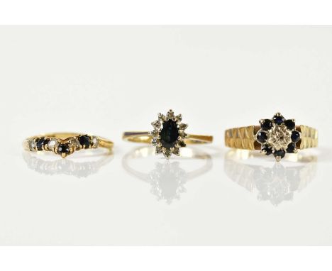 Three 9ct yellow gold sapphire dress rings, sizes O, K and L, combined approx 6.2g (3).