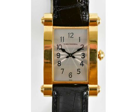 THEO FENNELL; a gentleman's 18ct gold cased Pelham wristwatch, the engine turned dial set with Arabic numerals on original le