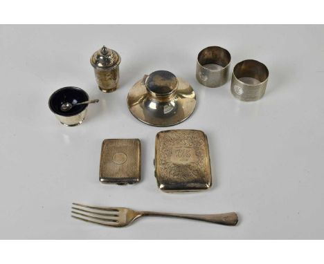 JOSEPH GLOSTER LTD; a George VI hallmarked silver cigarette case, Birmingham 1942, with a pair of hallmarked silver napkin ri