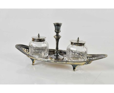 AITKEN BROS; a Victorian hallmarked silver desk stand with two cut glass dectachable inkwells with hallmarked silver covers, 