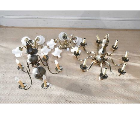A brass eight branch ceiling light and three further ceiling lights, largest 50cm (4).Condition Report: The item or items in 