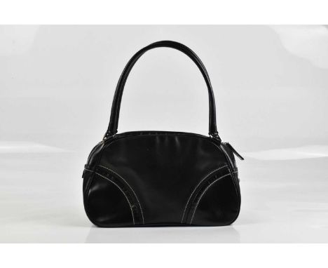 PRADA; a black leather calfskin Boston handbag, with white stitching detail, with top handles, silver tone zip, a large padlo