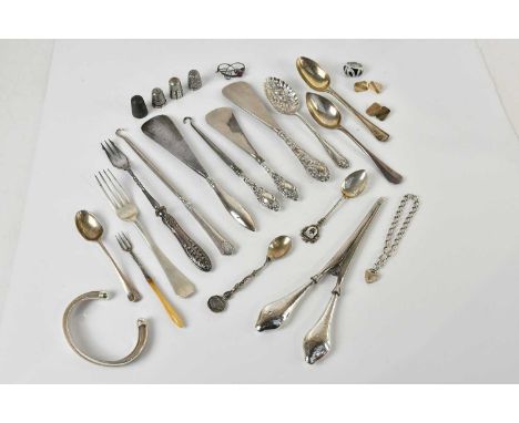 A collection of hallmarked silver flatware and jewellery including Victorian and later spoons, fork, sterling silver bangle, 