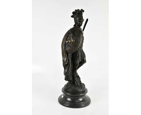 A bronzed spelter figure of a Roman centurian on a circular marble base, stamped to the rear A. Carrier, height 75cm.Conditio