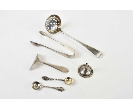 A William IV hallmarked silver ladle, now pierced as a sifting spoon, London 1832, a pair of hallmarked silver sugar tongs, a
