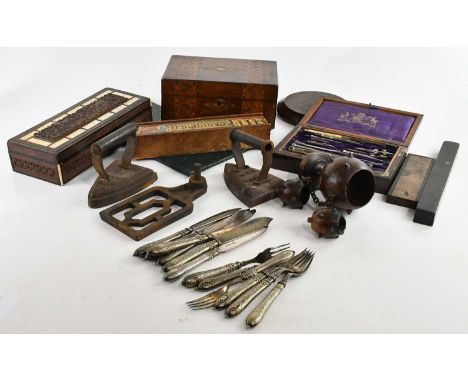An assortment of collectors' items including Anglo-Indian cribbage board, inlaid walnut work box, oak smoker's stand, irons, 