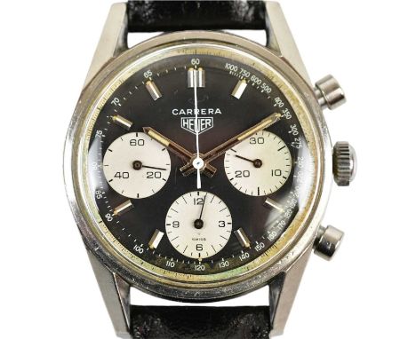 HEUER; a rare vintage gentleman's stainless steel Carrera chronograph wristwatch, the black dial set with batons and three su