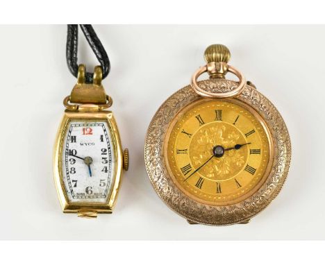 WYCO; a vintage lady's 9ct yellow gold wristwatch head and a 9ct yellow gold crown wind fob watch, with gold cuvette and Roma
