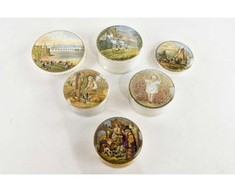 F. R. PRATT; six Prattware pot lids including 'The New Jetty and Pier, Margate', 'Summer', etc (6).