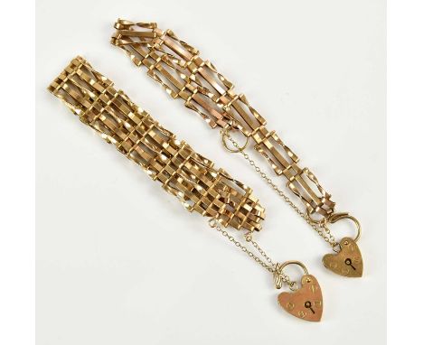 Two 9ct gold gate link bracelets, each with padlock clasp, combined approx 19.4g.