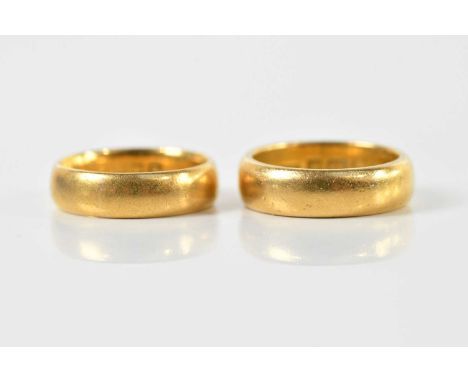 Two 22ct yellow gold wedding bands, size K and L, combined approx 16.3g (2).
