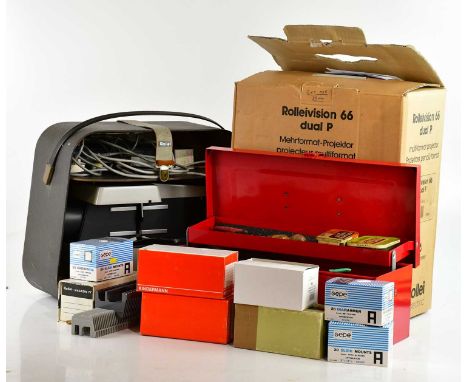 ROLLEI; a cased projector and a Rolleivision 66 dual P projector, and a collection of transparent mounts and slide folders (q