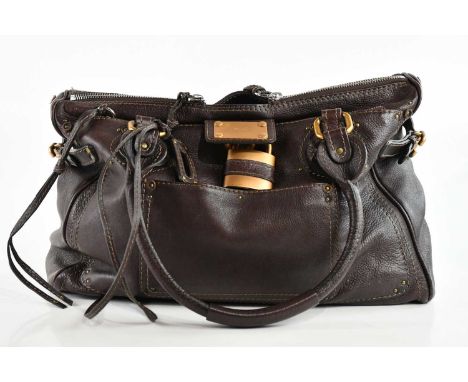 CHLOÉ; a large dark brown pebbled leather Paddington handbag, with large gold tone padlock and key in clochette, with two top
