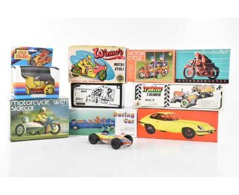 A collection of ten boxed tinplate toys including Leichenwagon 1924, friction motor cycle, Winner 93 motorcycle, Lendulet Aut
