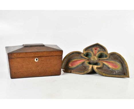 A 19th century mahogany tea caddy, with mother of pearl escutcheon, width 27cm, and a carved and painted wood floral panel, p