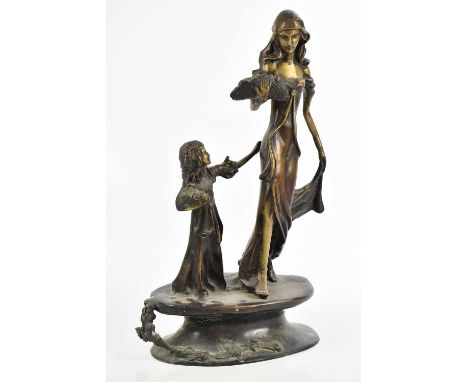 An Art Nouveau bronze figure of mother and child, height 49cm.Condition Report: Tarnishing, general wear and knocks throughou