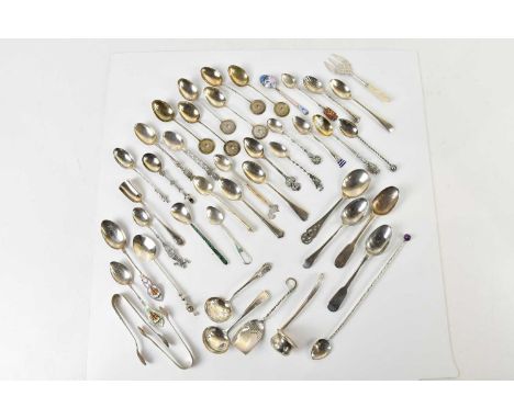 A collection of Georgian and later sterling silver and Continental souvenir spoons, and a cased set of six Chinese white meta