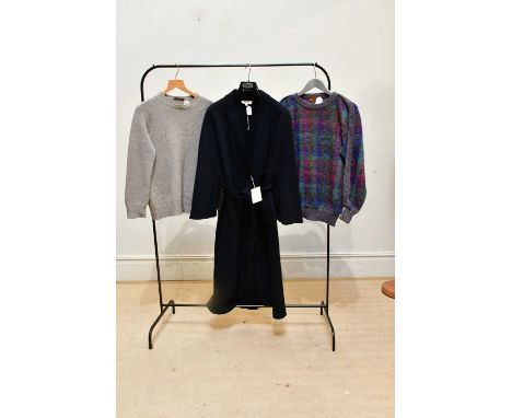 MANI GIORGIO ARMANI; a navy blue wool full length oversize coat, with large front pockets and belt, with tag, size 42, a Loui