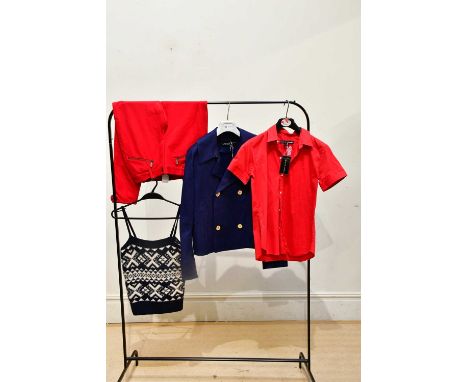 RALPH LAUREN; a navy blue short double-breasted trench jacket, with gold tone front button, size 12, a red cotton short sleev