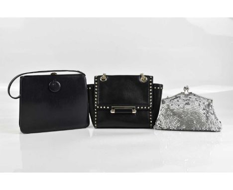 DIANA VON FURSTENBERG; a black leather crossbody handbag with gold tone stud detail, chain shoulder strap, front flap and int