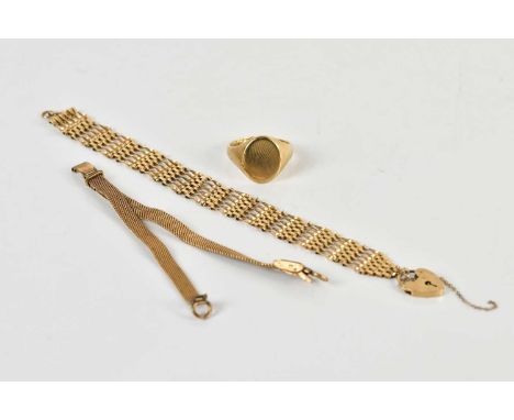 A 9ct gold gate link bracelet (approx 7.4g), a large 9ct gold signet ring (approx 9.9g), and a base metal mesh bracelet (3). 