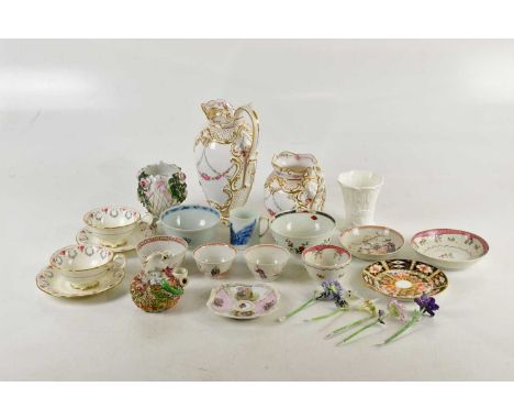 A collection of 18th century and later ceramics including a blue and white mug, assorted tea bowls, saucers, a part service b