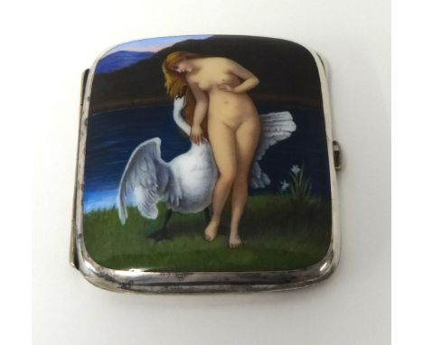 A fine enamel cigarette box decorated with a figure of a Lady in front of a river with a swan, 9cm x 8cm cased.