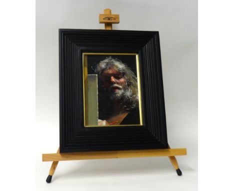 ROBERT LENKIEWICZ (1941-2002) original oil 'Self Portrait at Easel' tilted and signed verso, 20cm x 15.50cm. Framed and glaze