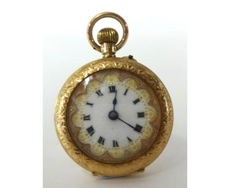 A 12ct gold fob watch with pretty enamel dial and keyless movement