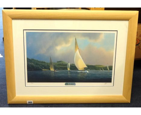 TIM THOMPSON (British Marine Artist) print number 17 of 100 with original miniature remarque signed, 'Yachting, off Mount Edg