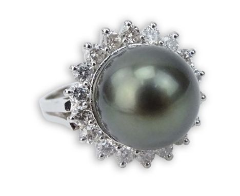 AIG Certified 12.0mm Tahitian Black Pearl, 1.15 Carat Round Brilliant Cut Diamond and 14 Karat White Gold Ring. Pearl with ve