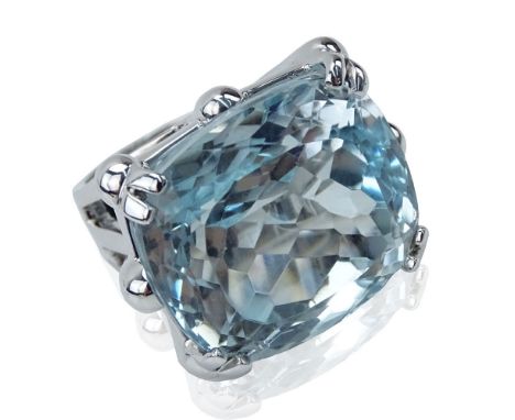 Gem Quality Approx. 56.0 Carat Cushion Cut Aquamarine and 18 Karat White Gold Ring. Aquamarine measures 26.0 x 22.0mm. Unsign