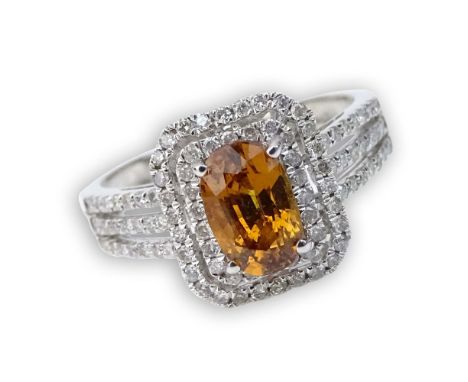 GIA and AIG Certified 1.56 Carat Natural Unheated Oval Brilliant Cut Yellowish Orange Sapphire, .50 Carat Round Brilliant Cut