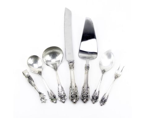Lot of Seven (7) Wallace Grande Baroque Sterling Silver Serving pieces. Includes ladle 6-1/2", sugar shell, jelly server, ton