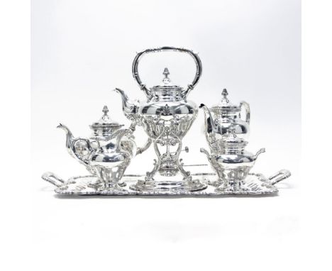 Six (6) Piece Columbian 900 Silver Tea Set. Includes water kettle, tea pot, coffee pot, creamer, sugar, and serving tray. Sta