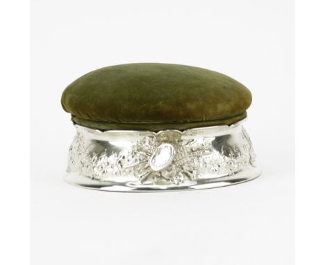 Tiffany & Co. Sterling Silver Pin Cushion. Signed. The cushion with wear and losses, the silver rim in good condition. Measur