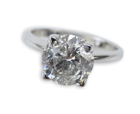 Approx. 3.0 Carat Round Brilliant Cut Diamond and 14 Karat White Gold Engagement Ring. Diamond I color, I1 clarity. Unsigned.