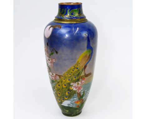 Vintage French Enamel Vase. Depicting a peacock motif. Unsigned. Ding to shoulder with cracks. Chip to base. Measures 9-1/4" 