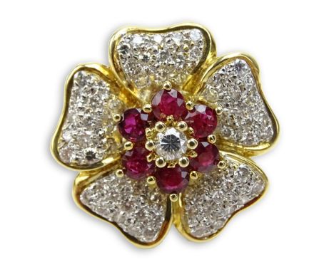 Round Brilliant Cut Diamond, Ruby and 18 Karat Yellow Gold Flower Ring. Rubies with vivid saturation of color. Diamonds F-G c