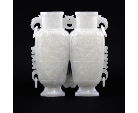 Chinese Carved Pale Greyish Champion Style White Jade Urn/Vases. Some natural hairlines to surface, good condition. Measures 