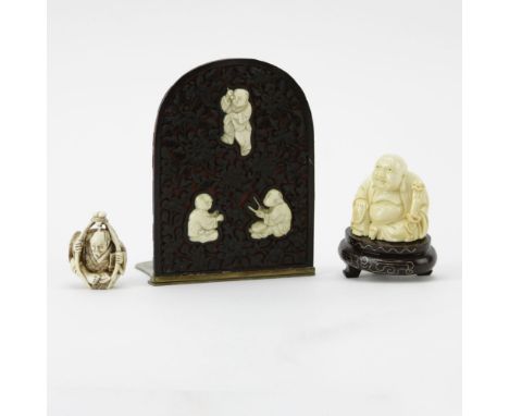 Vintage Chinese Carved Ivory Seated Hotei on wood base, a Chinese Carved Lacquer Bookend with Inset Carved Bone Figures and a