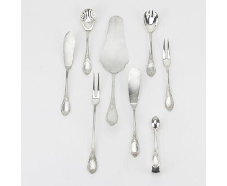 Lot of Eight (8) Koch & Bergfeld German Sterling Silver "Rokoko" (Rococo) Serving Pieces. Includes: sugar tongs, sugar shell,
