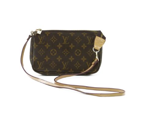Vintage Louis Vuitton Monogram Canvas Shoulder Clutch. Signed. Good condition, slightly soiled interior. Measures 5-1/2" H, 9