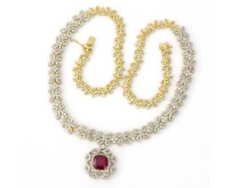GGA Certified 7.94 Carat Round Brilliant Cut Diamond, 4.24 Carat Cushion Cut Ruby and 14 Karat Yellow Gold Necklace. Ruby wit