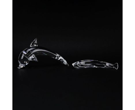 Lot of Two (2) Steuben Crystal Fish Figurines. Includes dolphin 5-1/4"; fish, 1-1/2" H. Both pieces signed. Good condition. S