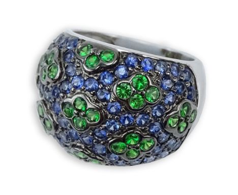 Levian Approx. 3.90 Carat TW Sapphire, Green Garnet and 18 Karat White Gold Ring. Quality stones throughout, good saturation 