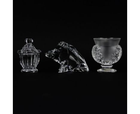 Group of Three (3) Baccarat and Lalique Crystal Items. Includes Baccarat Wild Boar Figure, 4-1/2" H; Baccarat Covered Mustard